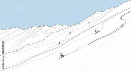 Ski slope with skiers and mountain range illustration.