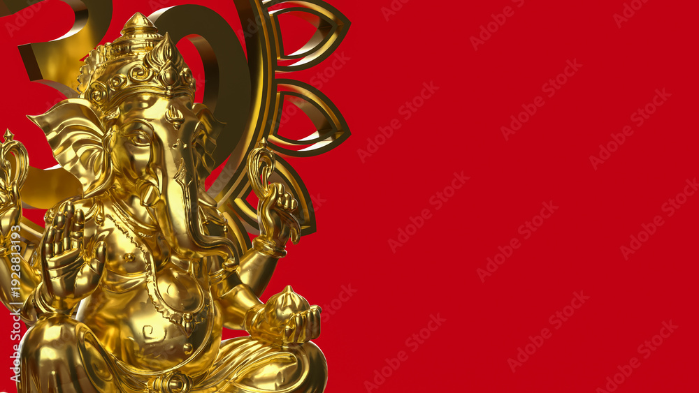 Fototapeta premium Golden Ganesha with Om Symbol on Red 3d render.