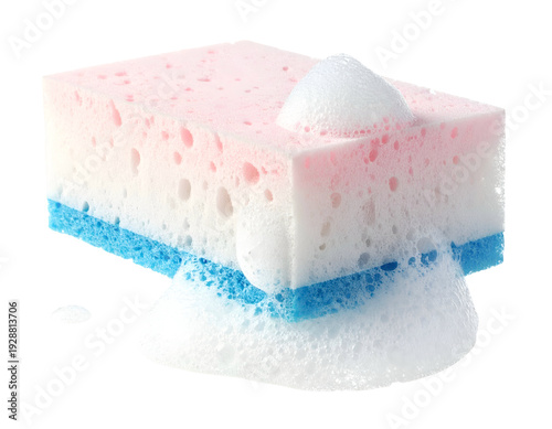 Rectangular cleaning sponge with pink, white, and blue layers, covered in bubbles