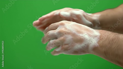 Close Up of Adult Male Hands Interlacing Fingers with Rich White Soap Foam Against a Vibrant Green Screen Background