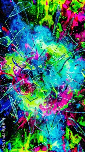 Neon abstract paint splash on dark background, bold acrylic splatter texture for modern design and music poster use, energetic party vibe for New Year