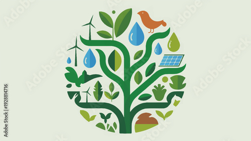 Eco friendly tree with solar panel bird and water droplets in a circular green design for sustainability and environmental conservation