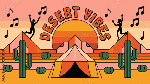 Vibrant desert landscape with tent cacti and dancing silhouettes at sunset evoking carefree outdoor music festival vibes