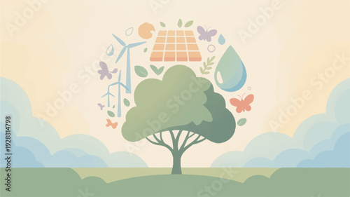 Eco friendly tree with solar panel wind turbine and recycling symbols around it representing sustainability and environmental conservation on a green landscape with clouds