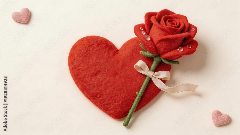 Fototapeta premium Red felt heart with a red rose and small pink hearts on a white background