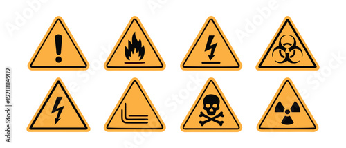 Collection of Yellow Warning Signs. with Various Hazard Symbols: Fire, Electricity, Biohazard, Skull and Crossbones, Radiation.