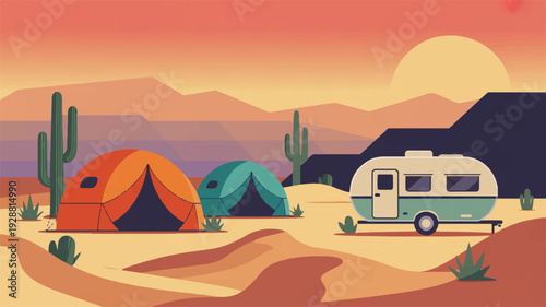 Camping in desert landscape with tents and camper van at sunset serene and peaceful atmosphere with mountains and cacti
