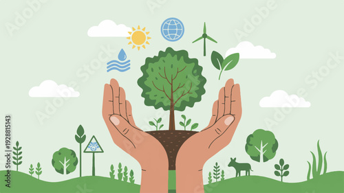 Hands protecting a tree with eco icons symbolizing environmental conservation and sustainability in a natural landscape