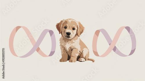 Cute golden retriever puppy sitting with pastel infinity loops symbolizing love and friendship in a minimalist style