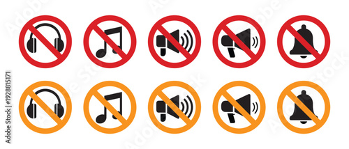 Collection of No Sound Icons. Headphones, Music Note, Megaphone, Bell - Red and Orange Prohibition Circles.