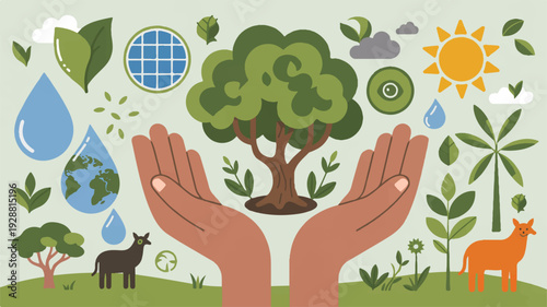 Hands protecting a tree with eco icons and environmental symbols around representing sustainability and conservation