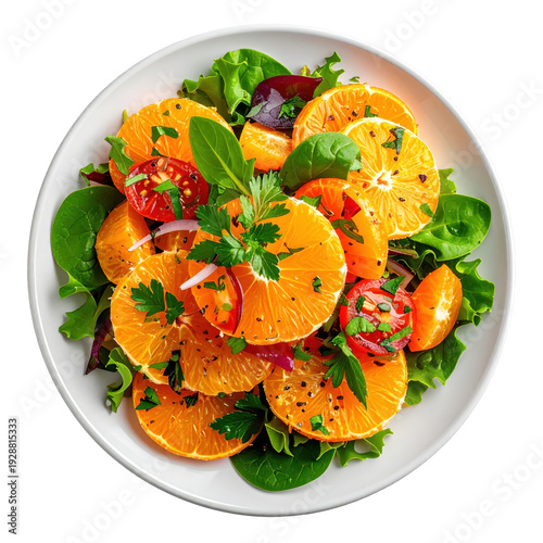 Vibrant orange salad with tomatoes parsley and mixed greens in a white bowl isolated on white background