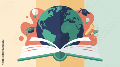 Globe on open book with school supplies around education and learning concept with earth