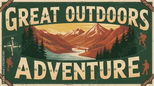 Vintage outdoor adventure poster with mountains river and forest evoking a sense of exploration and nature
