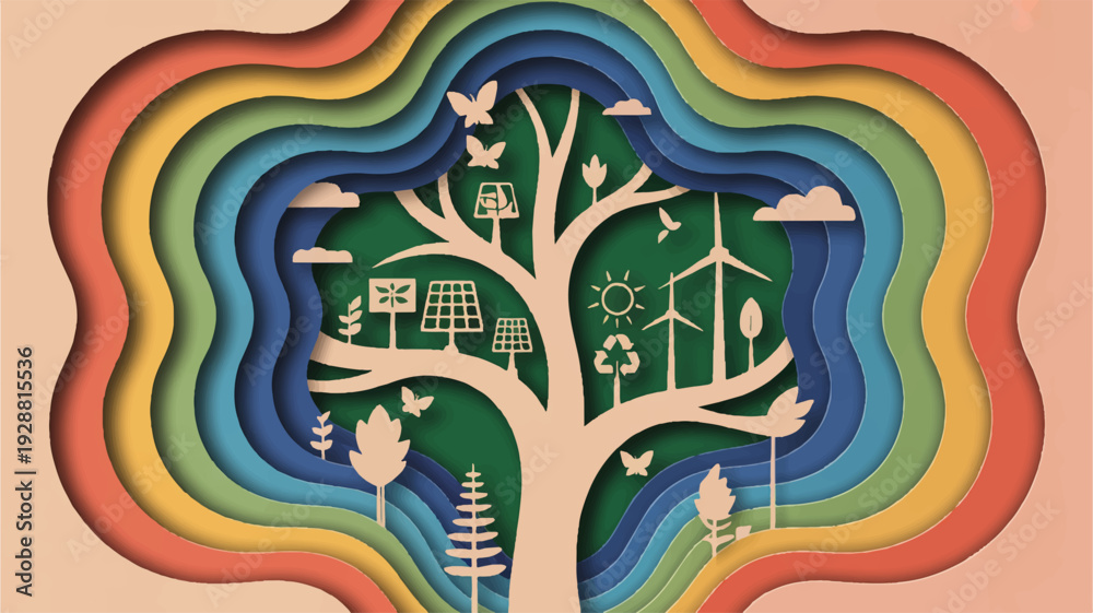 Fototapeta premium A vector illustration of an intricate tree with rainbow colored background and eco friendly symbols representing environmental sustainability and nature conservation
