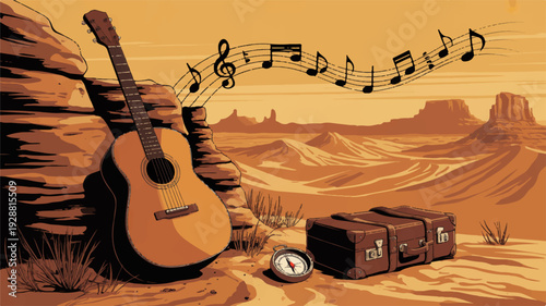 A stylized desert illustration featuring a guitar suitcase and musical notes against a scenic orange landscape with rocky outcrops and sandy dunes