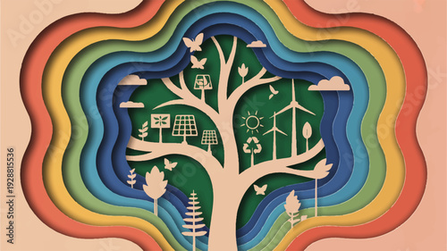 A vector illustration of an intricate tree with rainbow colored background and eco friendly symbols representing environmental sustainability and nature conservation