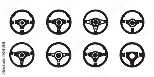 Set of Black Steering Wheels Icons. Collection of Various Car Control Wheels, Driving Symbols, Vector Illustration.