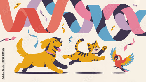 Happy dog tiger and parrot running together with colorful ribbons and confetti on beige background celebrating freedom and friendship in a playful scene