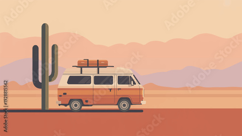 Vintage camper van parked beside cactus in desert landscape with mountains in the distance warm orange hues and soft lighting