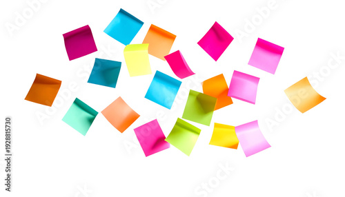 Collection of Colorful Blank Sticky Notes and Square Paper Reminders Falling in Air Isolated on White Background for Office Concept