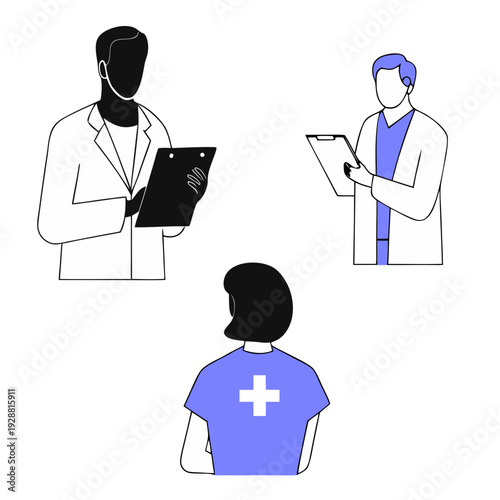 Doctors Consulting Patient Illustration, Medical Examination Scene with Healthcare Professionals Holding Clipboard, Hospital Consultation and Clinical Diagnosis Concept Vector