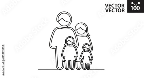 Simple Line Art Drawing of a Family of Four.