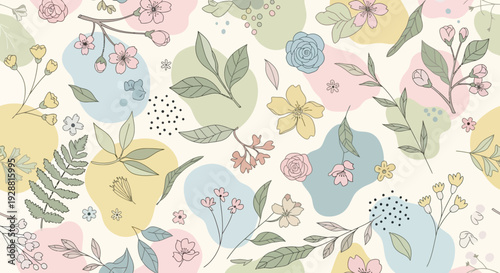 Colorful floral pattern with leaves and flowers in pastel shades.