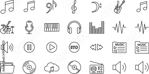 Music and Audio Line Icon Collection with Notes, Instruments, Headphones and Media Player Controls Isolated on White Background