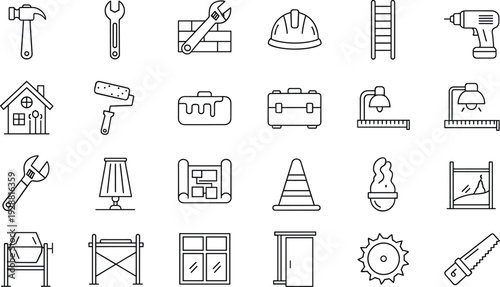 Construction and Repair Line Icon Set with Hammer, Wrench, Drill, Ladder and Building Symbols Isolated on White Background