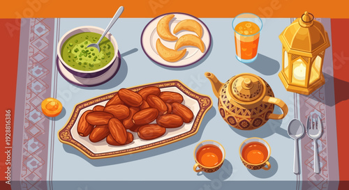 Traditional Middle Eastern Iftar Meal with Dates and Lantern.