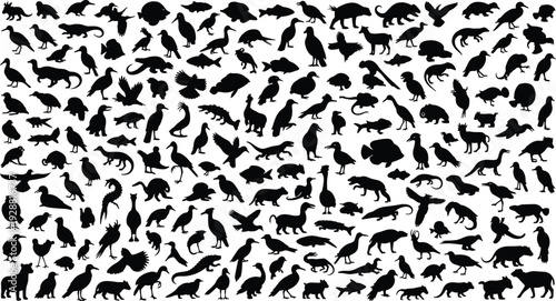 Animal silhouettes illustration, diverse wildlife profiles, vector art collection, mammals birds reptiles designs, nature motif, decorative graphics, educational inspiration