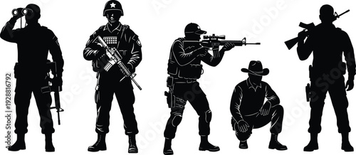 Armed figures silhouettes in tactical and casual poses, military and cowboy characters with rifles, vector illustration design artwork collection