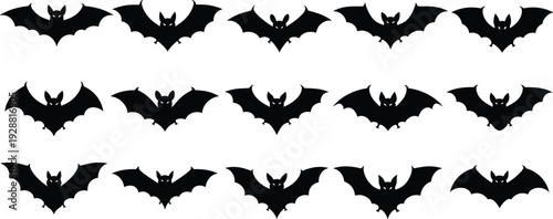Bat silhouettes in symmetrical grid arrangement, nocturnal animal illustration collection, Halloween wildlife vector artwork design elements