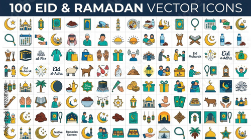 Comprehensive Collection of 100 Flat Design Vector Icons for Eid and Ramadan Celebrations, Featuring Islamic Holiday Elements and Muslim Traditions