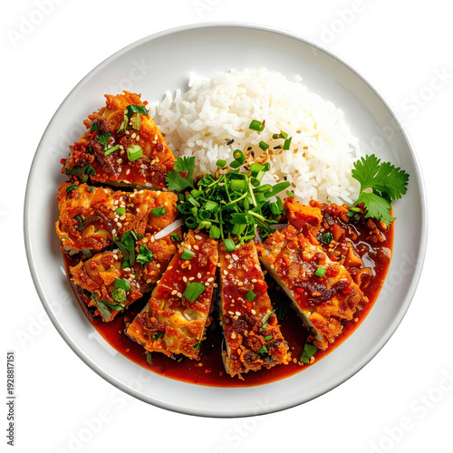 Crispy tofu in spicy sauce with rice and fresh herbs on white plate isolated on white background
