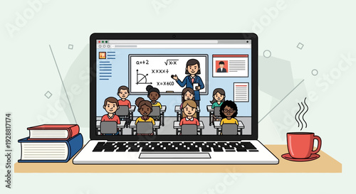 Diverse students attending online class on laptop with teacher explaining lesson.