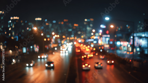 Wallpaper Mural Blurry city street scene at night with vibrant lights and moving cars creating a dynamic urban atmosphere. Torontodigital.ca
