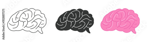 Brain icon set. Line, outline and flat human brains. Intelligence, thought and psychology, cognition and brain health, startup symbol. Creative vector emoji design