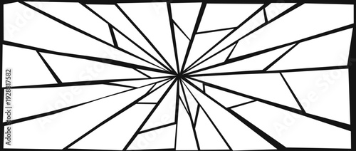 Damaged shattered glass effect background. Rough grunge broken texture. Radial cracked lines explosion pattern. Fractured triangle fragments, pieces, shatters concept. Vector debris illustration