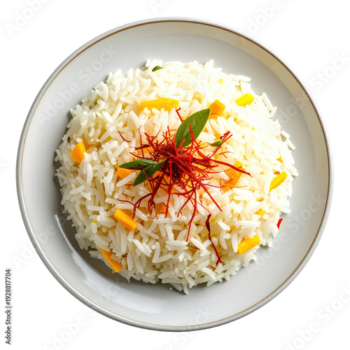 Saffron-infused rice with mango and basil overhead view on white plate isolated on white background

