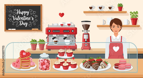 A cafe scene with a chalkboard, cakes, and a barista