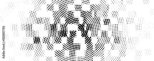 Abstract pixelated halftone square texture. Black pixel cube explosion background. Moving scattered dotted pattern overlay bg. Fading geometric fragment wallpaper. Vector radial backdrop