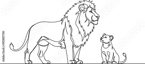 Adult male lion with mane standing beside cub, symbolic family bond, abstract wildlife vector illustration, protective animal design concept