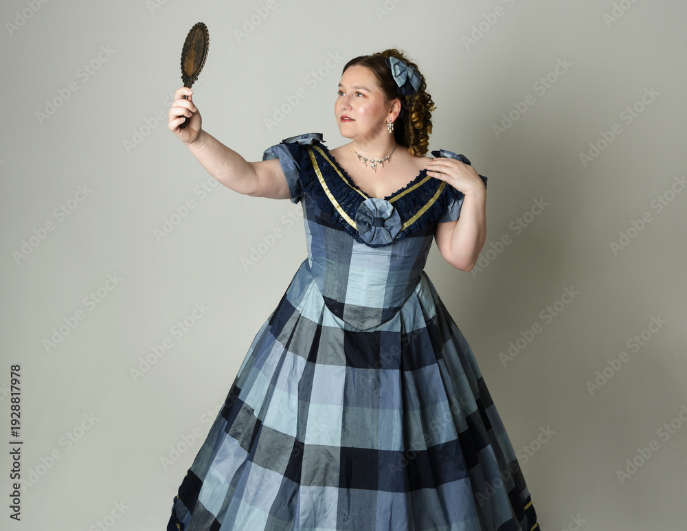 classical era dress Photography Poster portrait of Victorian Woman in historical victorian Blue Ball Gown costume, Plus Size Model, holding antique hand mirror Surround Sound Blue Mesh British Preppy Color:819White7017white