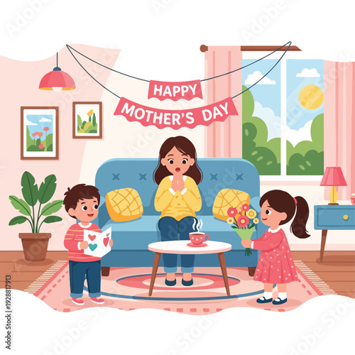A cartoon celebrating Mother's Day, with children gifting a mom