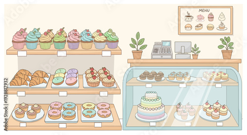 Colorful bakery display with assorted pastries and cakes.