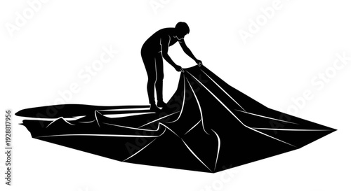 Man uncovering or draping a large fabric sheet black silhouette illustration