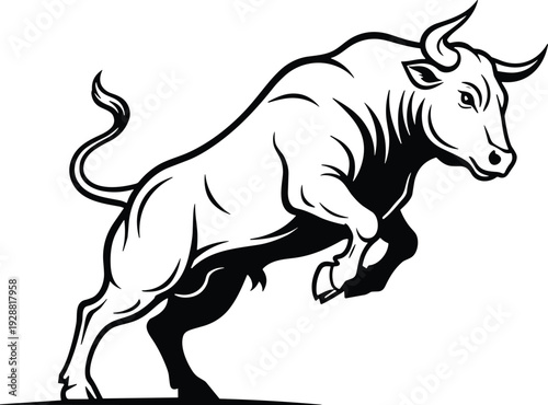 Aggressive bull silhouette mid-leap, muscular build with raised horns, dynamic vector artwork symbolizing strength, energy, determination, and powerful design