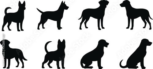 Dog vector illustration, eight silhouette breeds, standing and sitting poses artwork, decorative pet clipart, animal inspired graphic collection